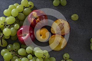 Still life with juicy summer fruits. Top view photo with copy space.