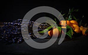 Still life with lavender and tangerines in a dark key.