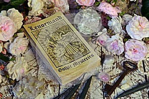 Still life with Lenormand tarot cards deck and roses