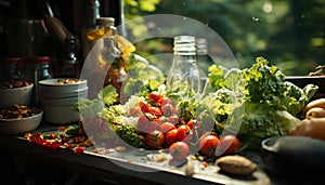 Still life of lettuces and red tomatoes together a window kitchen photo