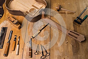 Still life of lutherÃ­a workshop. Table with wood and tools