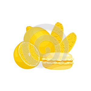 Still life with macaroon and and lemons. Vector banner with french dessert