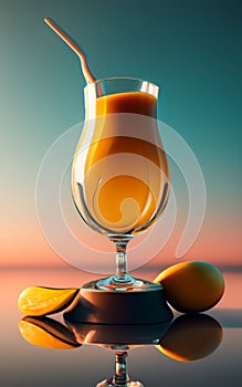 A still life of a Mango juice with mango Slices on a Table. Generative Ai.