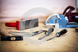 Still life of many different tools of a carpenter and craftsman