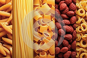 Still life with many different types of pasta. Pasta made from durum wheat of different colors and sizes. Large selection of pasta