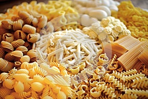 Still life with many different types of pasta. Pasta made from durum wheat of different colors and sizes. Large selection of pasta