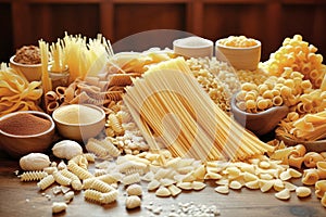 Still life with many different types of pasta. Pasta made from durum wheat of different colors and sizes. Large selection of pasta