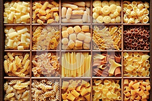 Still life with many different types of pasta. Pasta made from durum wheat of different colors and sizes. Large selection of pasta