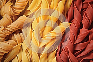 Still life with many different types of pasta. Pasta made from durum wheat of different colors and sizes. Large selection of pasta