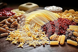 Still life with many different types of pasta. Pasta made from durum wheat of different colors and sizes. Large selection of pasta