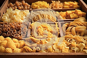 Still life with many different types of pasta. Pasta made from durum wheat of different colors and sizes. Large selection of pasta