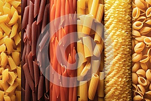 Still life with many different types of pasta. Pasta made from durum wheat of different colors and sizes. Large selection of pasta