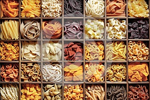 Still life with many different types of pasta. Pasta made from durum wheat of different colors and sizes. Large selection of pasta