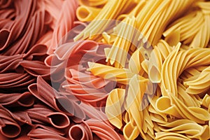 Still life with many different types of pasta. Pasta made from durum wheat of different colors and sizes. Large selection of pasta