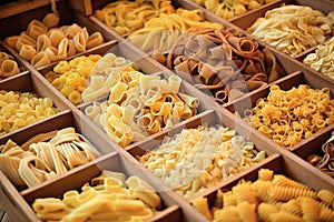 Still life with many different types of pasta. Pasta made from durum wheat of different colors and sizes. Large selection of pasta