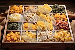 Still life with many different types of pasta. Pasta made from durum wheat of different colors and sizes. Large selection of pasta