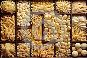 Still life with many different types of pasta. Pasta made from durum wheat of different colors and sizes. Large selection of pasta