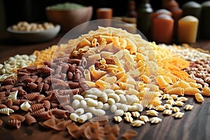 Still life with many different types of pasta. Pasta made from durum wheat of different colors and sizes. Large selection of pasta