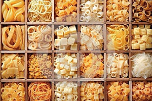 Still life with many different types of pasta. Pasta made from durum wheat of different colors and sizes. Large selection of pasta