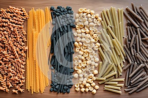 Still life with many different types of pasta. Pasta made from durum wheat of different colors and sizes. Large selection of pasta