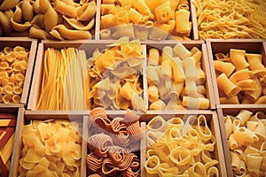 Still life with many different types of pasta. Pasta made from durum wheat of different colors and sizes. Large selection of pasta