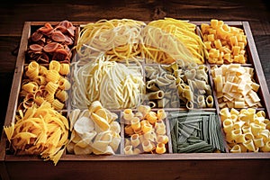 Still life with many different types of pasta. Pasta made from durum wheat of different colors and sizes. Large selection of pasta