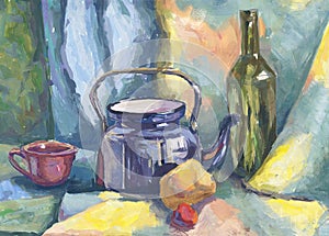Still life with Metal Teapot and Bottle
