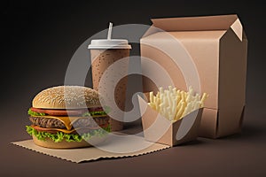 Still life mockup cardboard packaging of hamburger, fries and drink. Generative AI