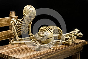 Still life of model skeleton in Halloween concept