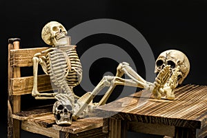 Still life of model skeleton in Halloween concept