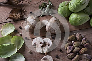 Still life mushroom, pistachio and brussels sprouts photo