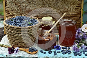 Still life with natural honey, honeycomb cut in pieces and honeysuckle berry with flowers on wooden background outside.