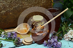 Still life with natural honey in jar, dipper, flowers and stick on wooden background outside. Countryside summer rural background