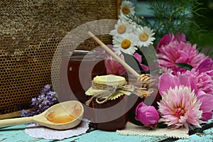 Still life with natural honey in jar, dipper, flowers and stick on wooden background outside. Countryside summer rural background