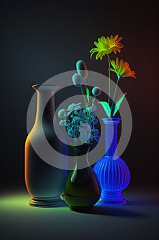 Still life with neon light, flowers and vases, spring concept