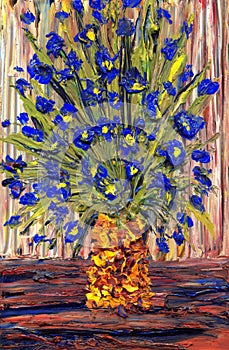 Still life oil. Bouquet of blue flowers in a yellow vase