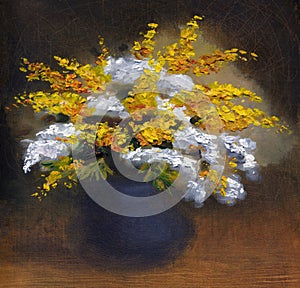 Still life oil. Charming bouquet of fragrant flowers in a dark vase