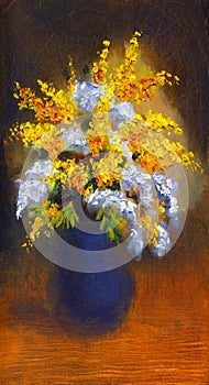 Still life oil. Charming bouquet of fragrant flowers in a dark vase
