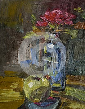 Still life oil painting abstract artwork featuring a green apple and a vase of red flowers