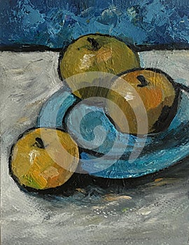 Still life oil painting abstract artwork featuring green apples, ideal for home decor