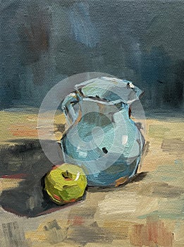 Still life oil painting abstract artwork featuring a jug and a green apple, ideal for home decor