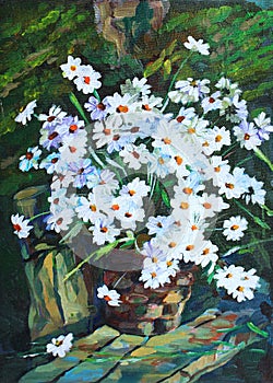 Still life oil painting abstract artwork featuring a vase of wild daisies, ideal for home decor