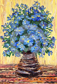 Still life oil painting. Bouquet of blue flowers in a vase