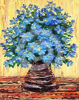 Still life oil painting. Bouquet of blue flowers in a vase