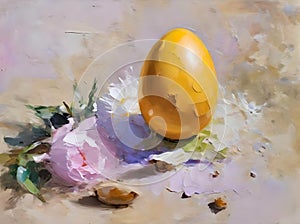 Still life. Oil painting on an Easter theme. Easter egg among flowers