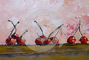 Still life oil painting. A lot of red cherries scattered on the table, abstract background