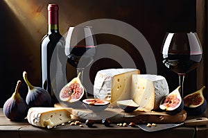 A still-life oil painting-style depiction of an array of gourmet cheeses, figs, and a crusty baguette