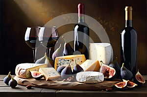 A still-life oil painting-style depiction of an array of gourmet cheeses, figs, and a crusty baguette