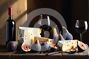 A still-life oil painting-style depiction of an array of gourmet cheeses, figs, and a crusty baguette