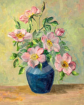 Still Life Oil Painting with Wild Rose Bouquet 